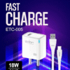 Evlon ETC-005 18W Fast Charger with USB Cable – 3A Mobile Charging Adapter