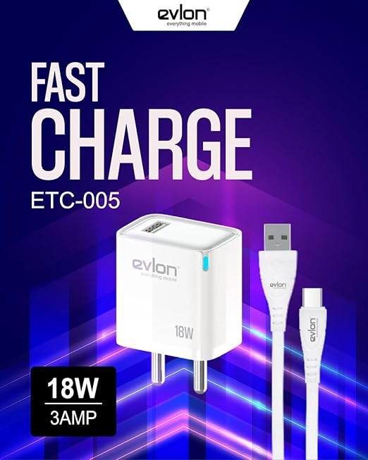 Evlon ETC-005 18W Fast Charger with USB Cable – 3A Mobile Charging Adapter